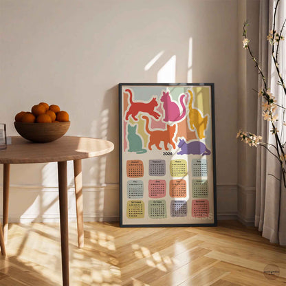 Yearly calendar with colorful cat designs 