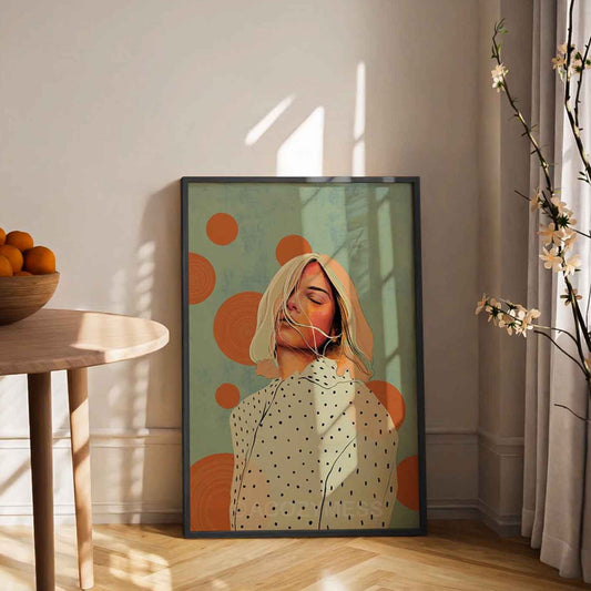 Woman art poster in beige, blue, and orange colors, displayed in an black frame, adding a modern and elegant touch to any space.