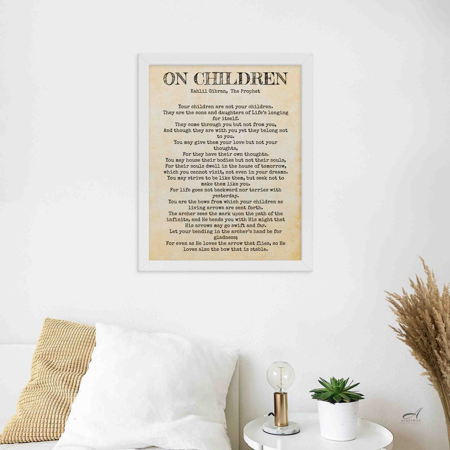 On Children by kahlil gibran poem black on rustic paper texture framed in white..