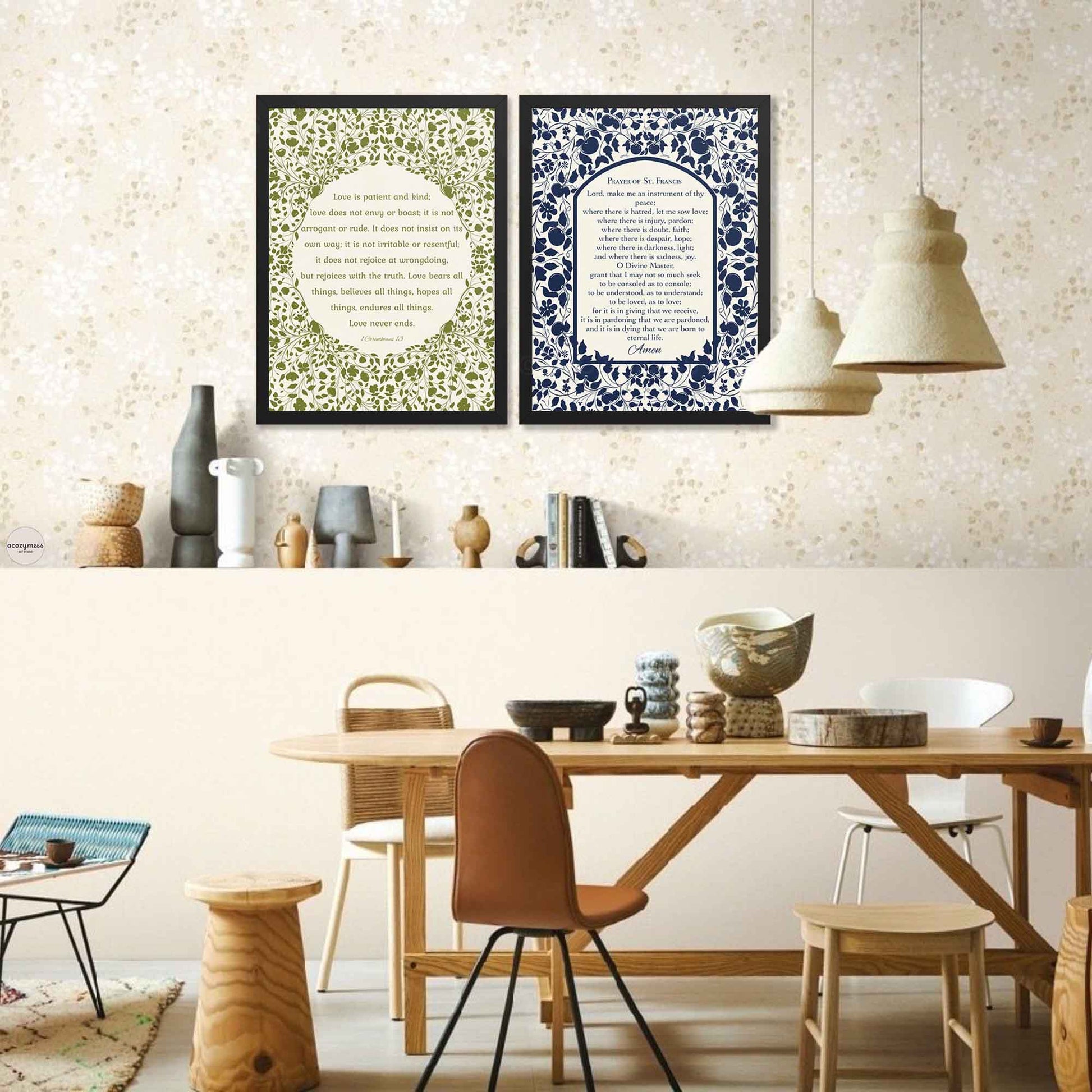 Faith-based wall art in a sleek black frame with green floral design and scripture quote on a soft beige background—ideal for modern gallery decor.