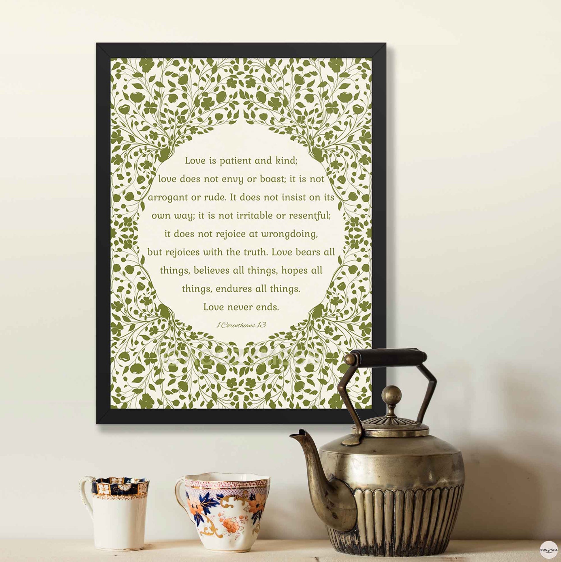 bible verseposter in a sleek black frame with green floral design and scripture quote on a soft beige background—ideal for modern decor.