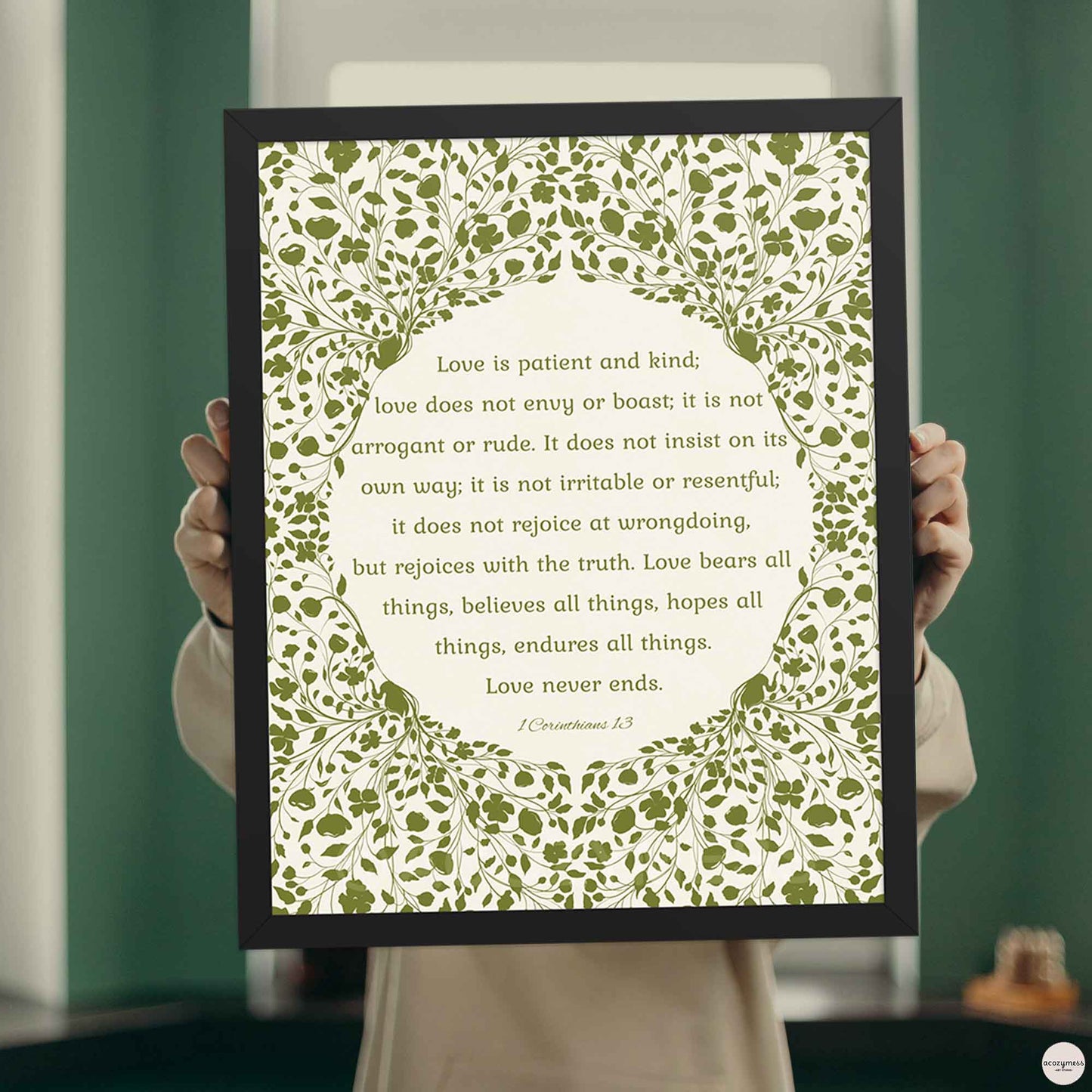 bible verse wall art in a sleek black frame with green floral design and scripture quote on a soft beige background—ideal for modern decor.
