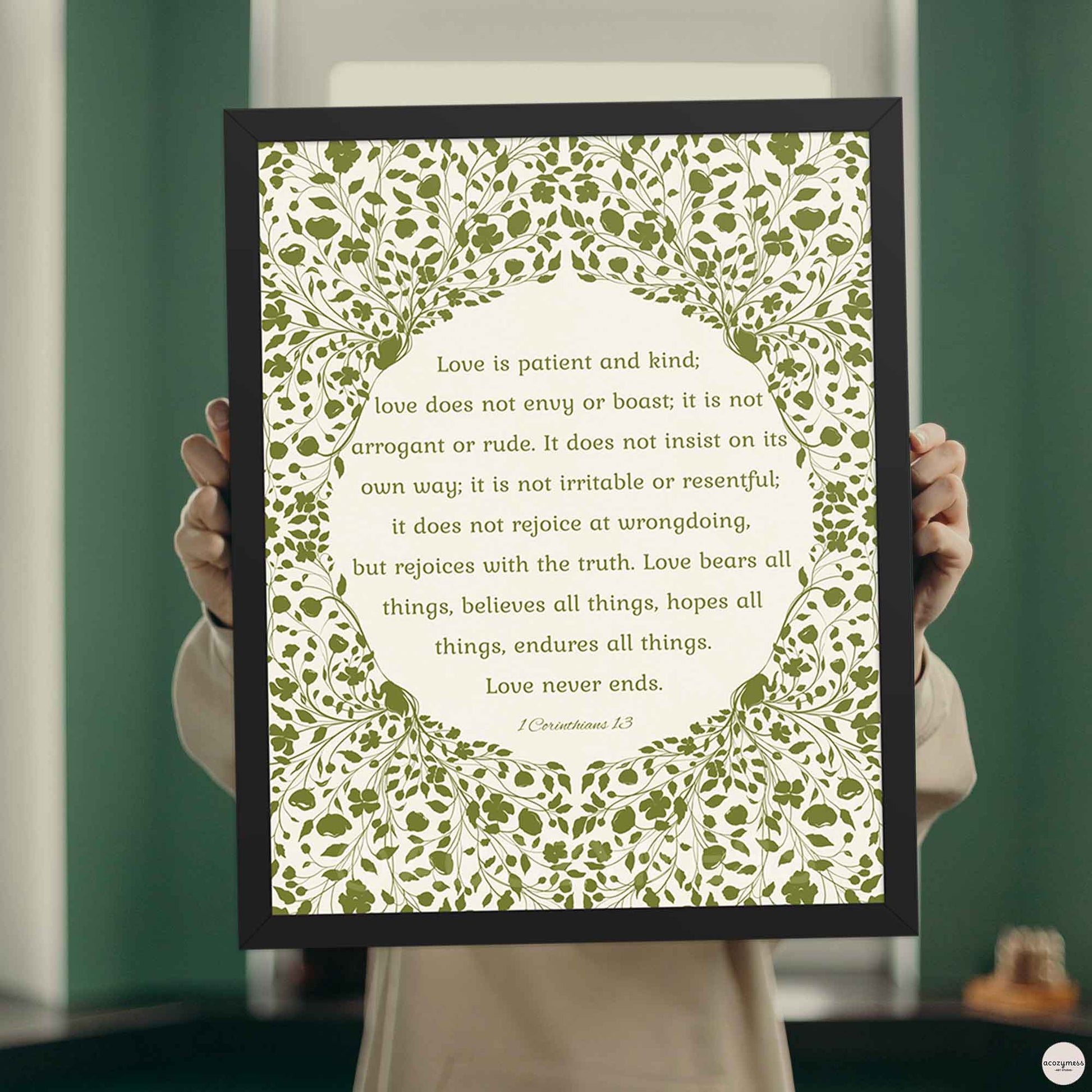 bible verse wall art in a sleek black frame with green floral design and scripture quote on a soft beige background—ideal for modern decor.
