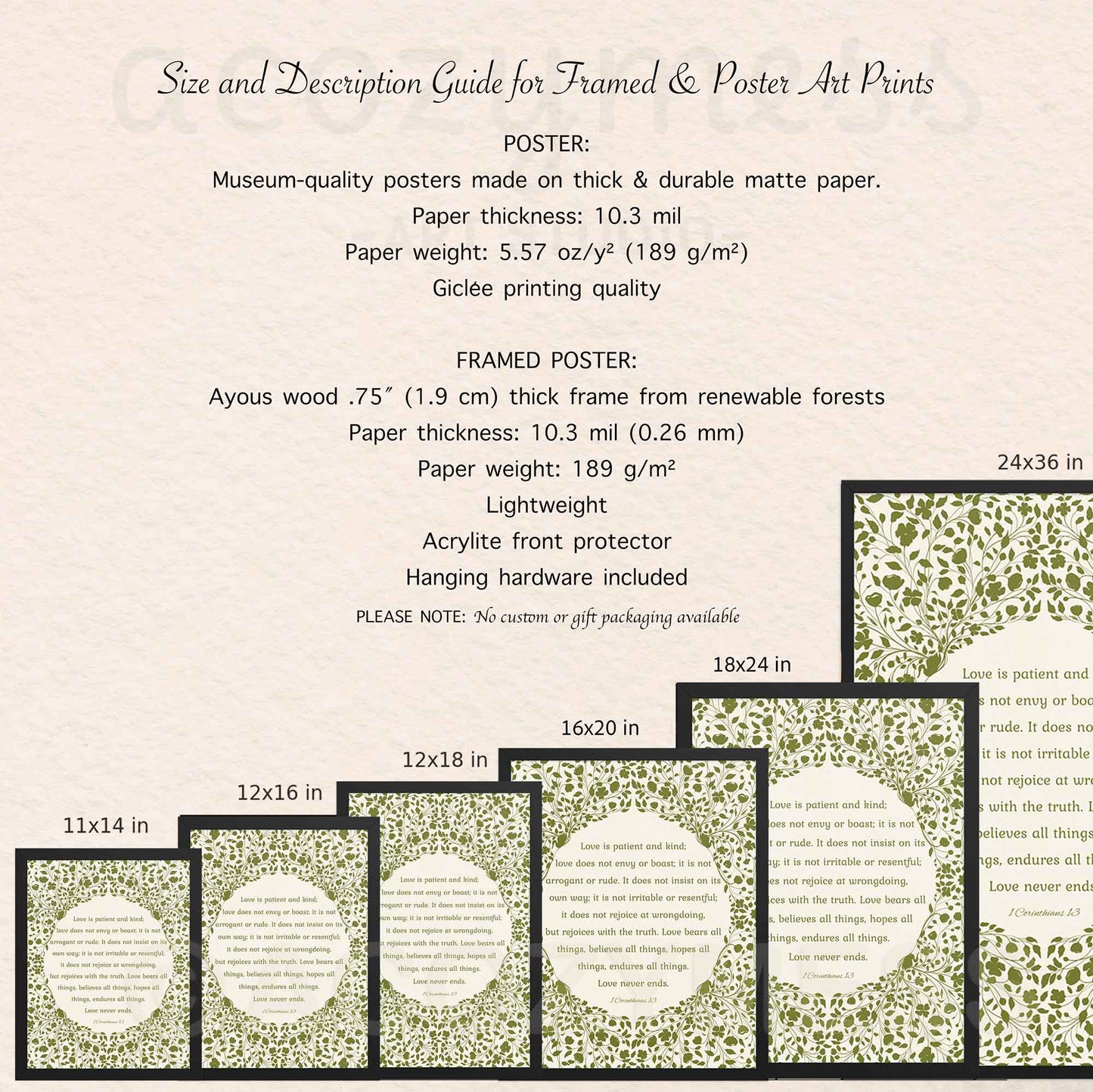 Poster shown with size and frame dimensions, layout preview, and descriptive highlights for product listing.