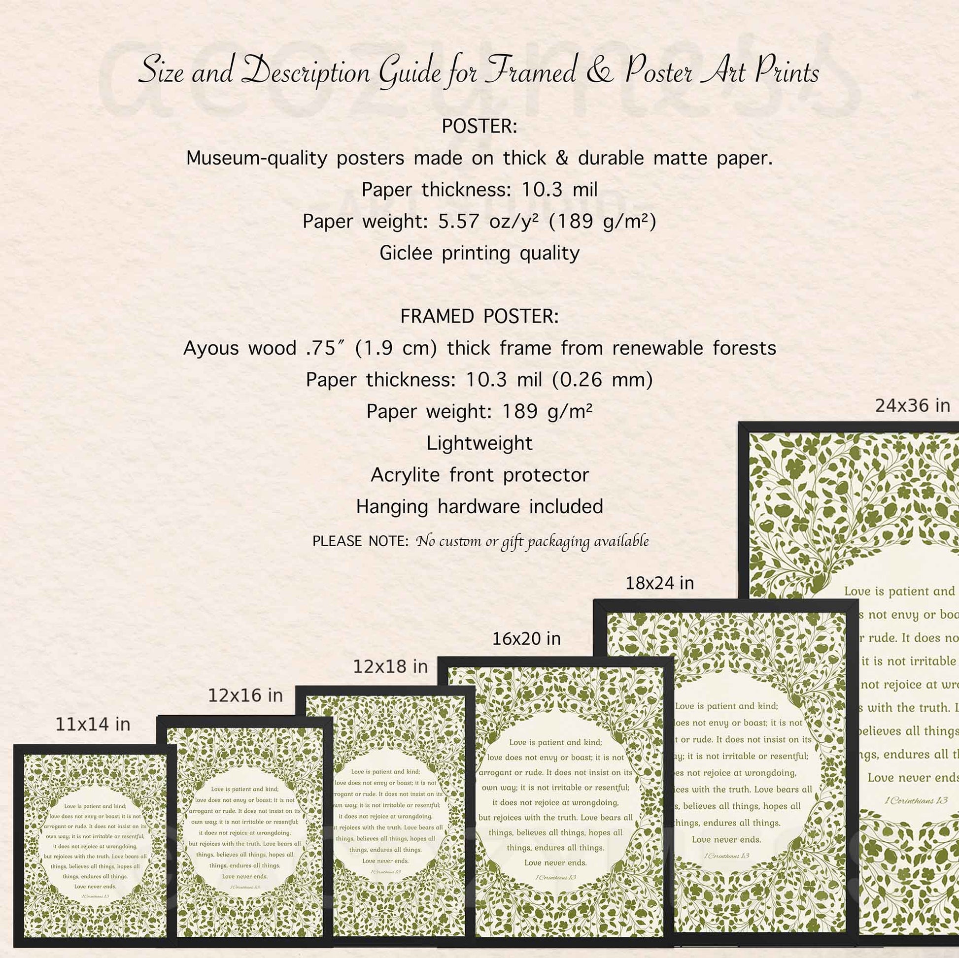 Poster shown with size and frame dimensions, layout preview, and descriptive highlights for product listing.