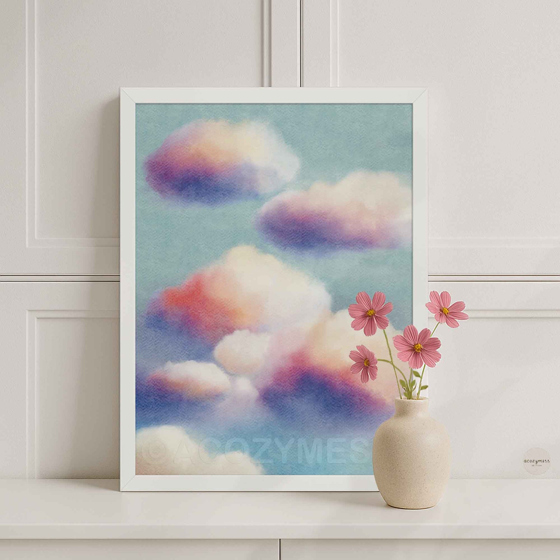 Serene cloudscape print in a white frame, blue sky wall art with gentle clouds for Scandinavian or coastal decor.