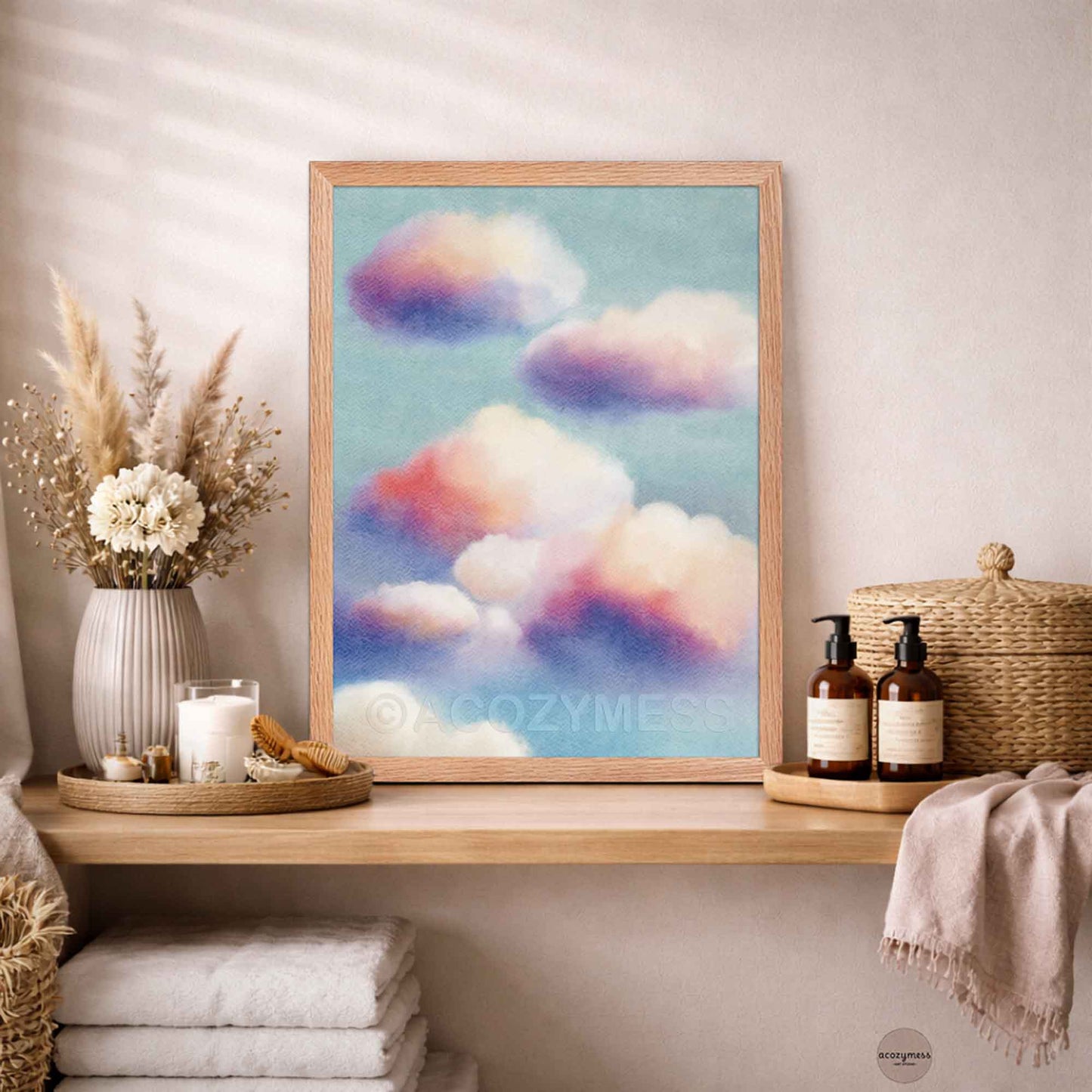 Cloudscape print in an oakwood frame, serene blue sky wall art with gentle white clouds for modern decor.