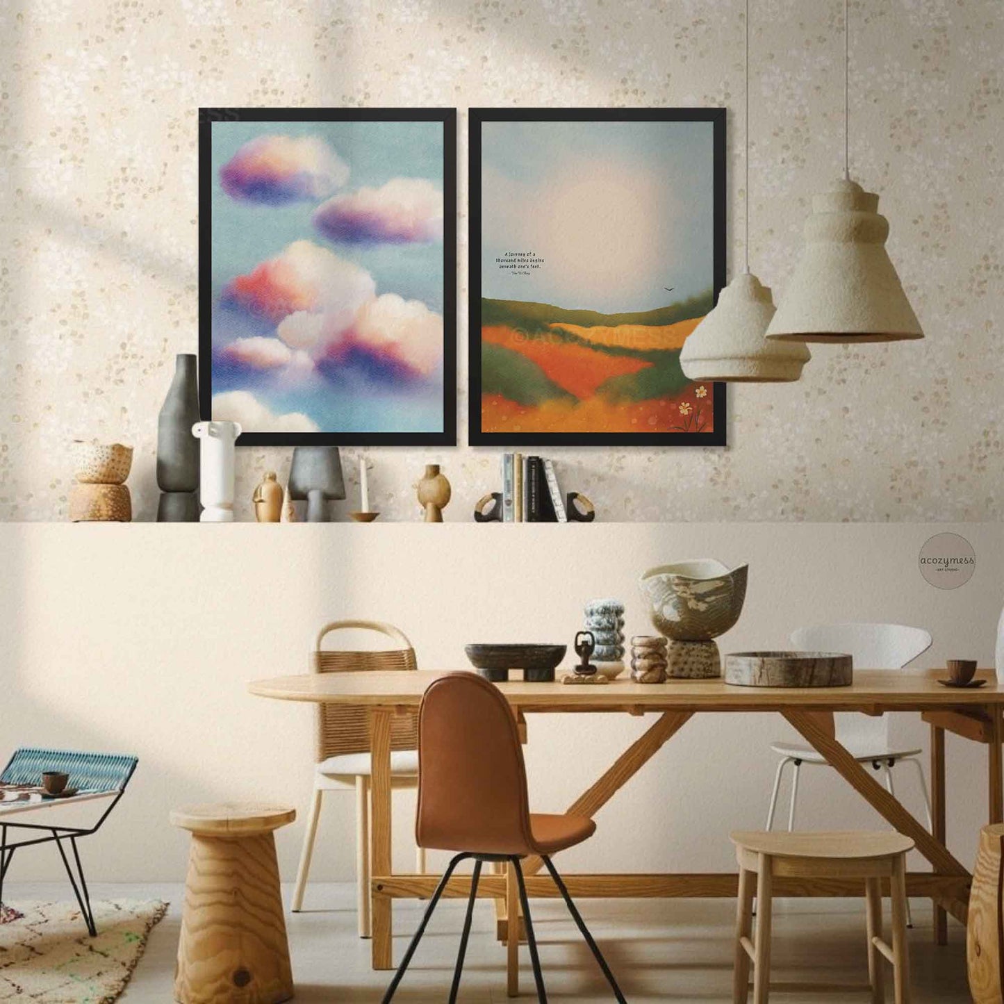 Clouds print in a black frame, calm blue sky wall art with gentle white cloud forms and clean contrast.