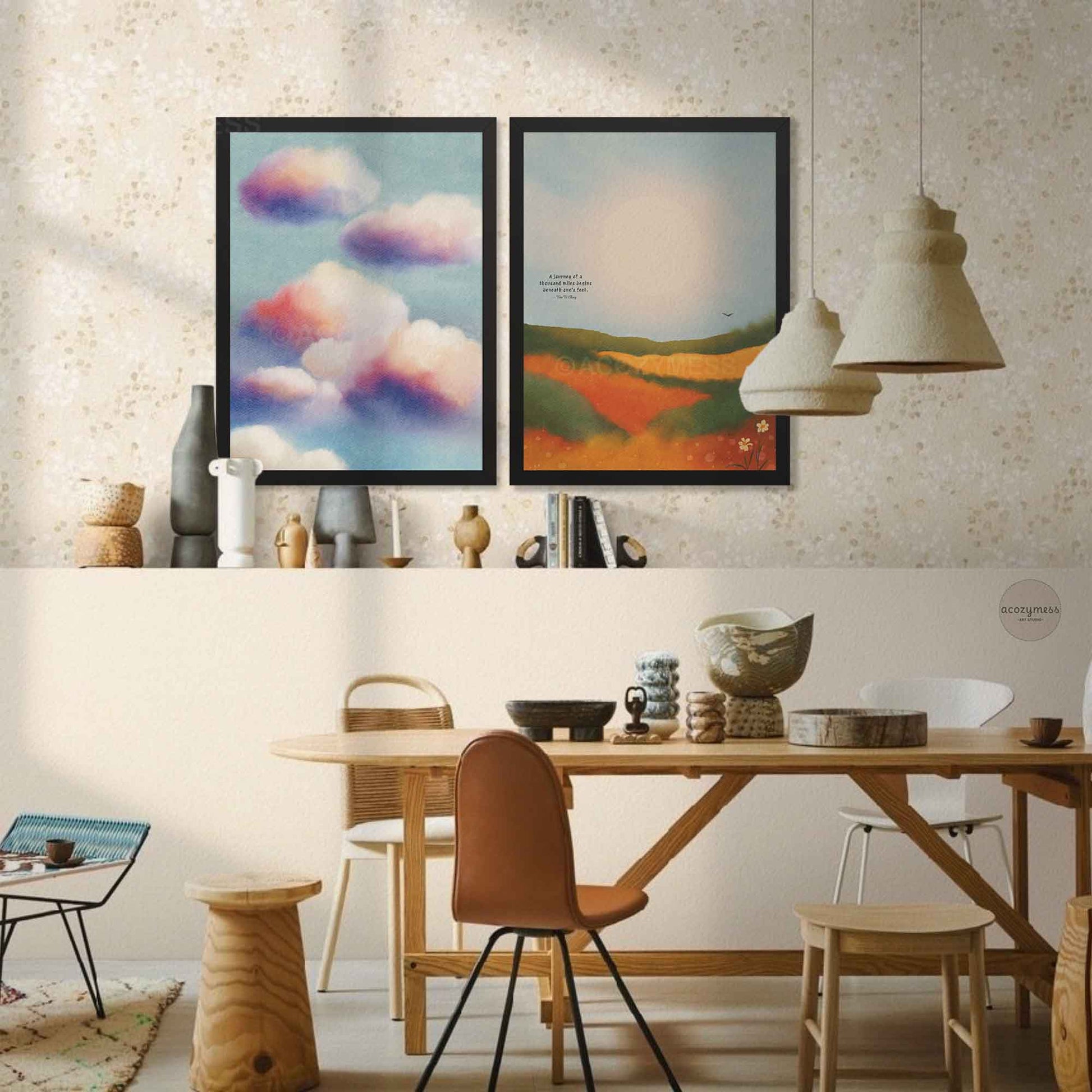 Clouds print in a black frame, calm blue sky wall art with gentle white cloud forms and clean contrast.