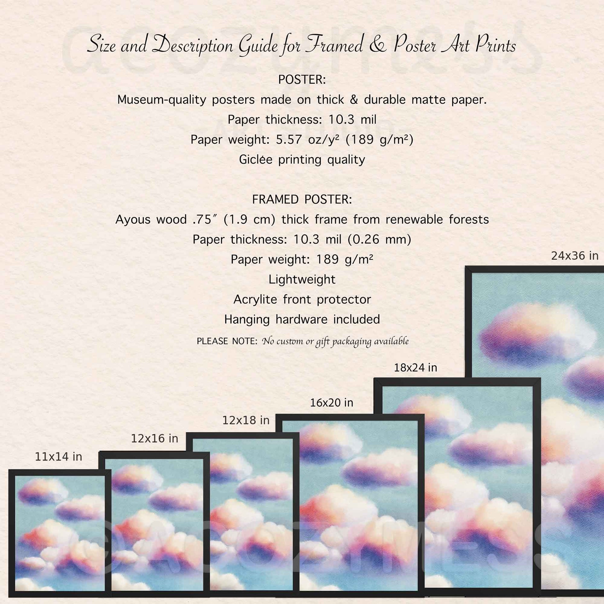 Size and description guide for framed and poster art prints with cloud pattern