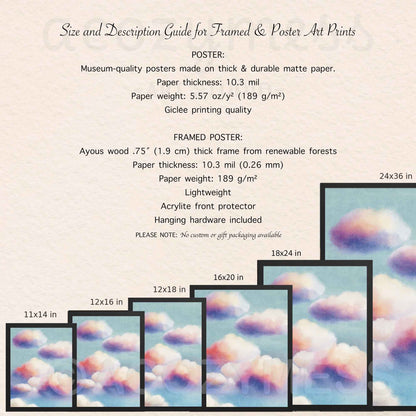 Size and description guide for framed and poster art prints with cloud pattern