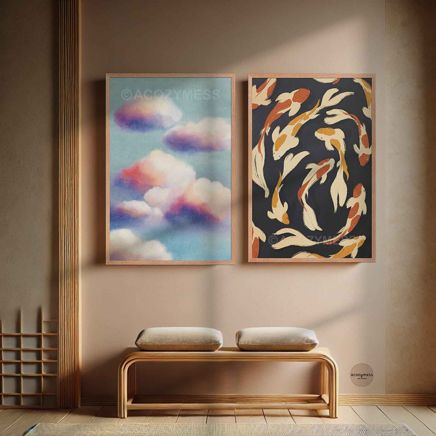 Two oakwood framed calming artworks of colorful pastel clouds and koi fishes on a wall with a wooden bench below.