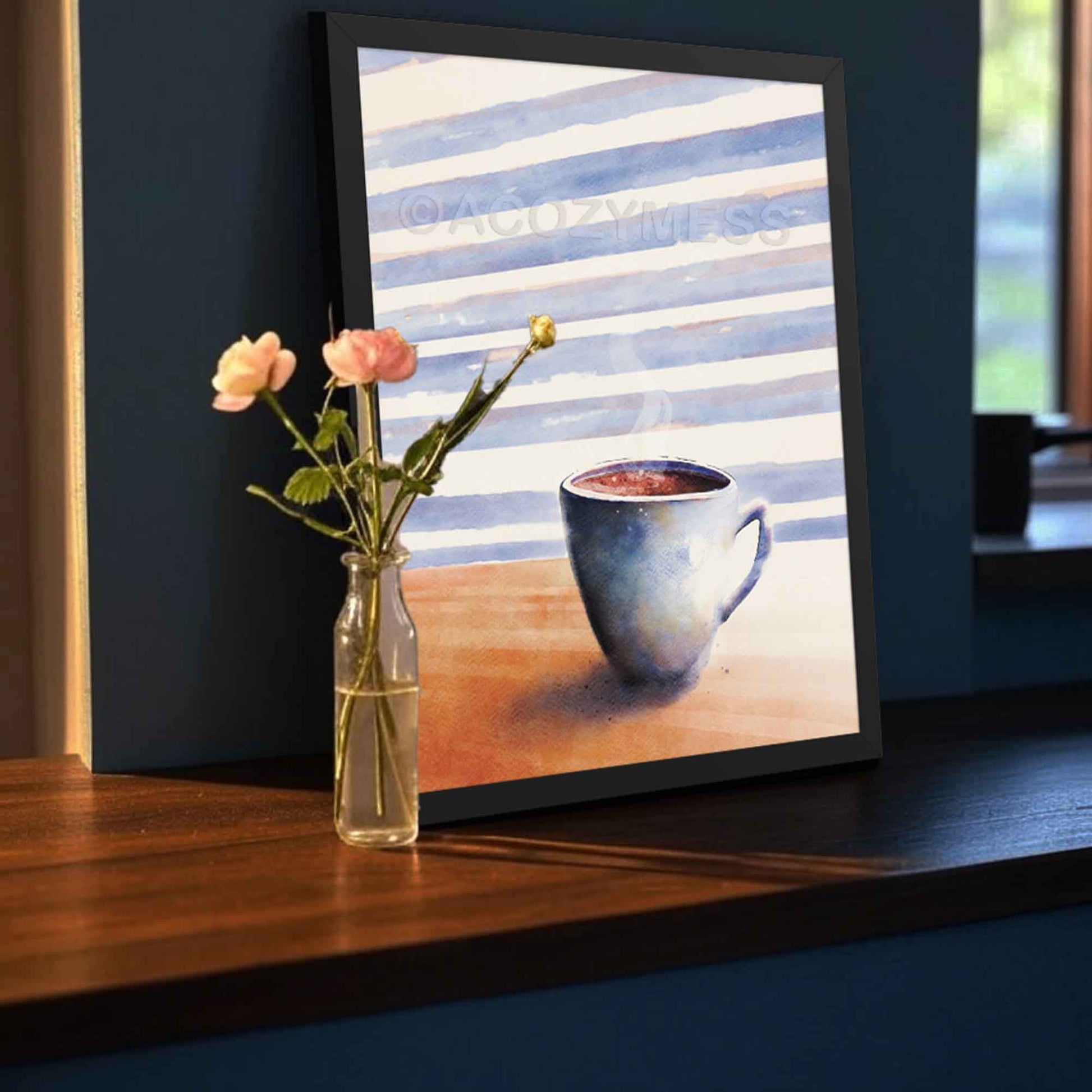 Black framed coffee cup art poster featuring a café-style illustration, designed as warm and inviting wall decor for kitchens or home offices.
