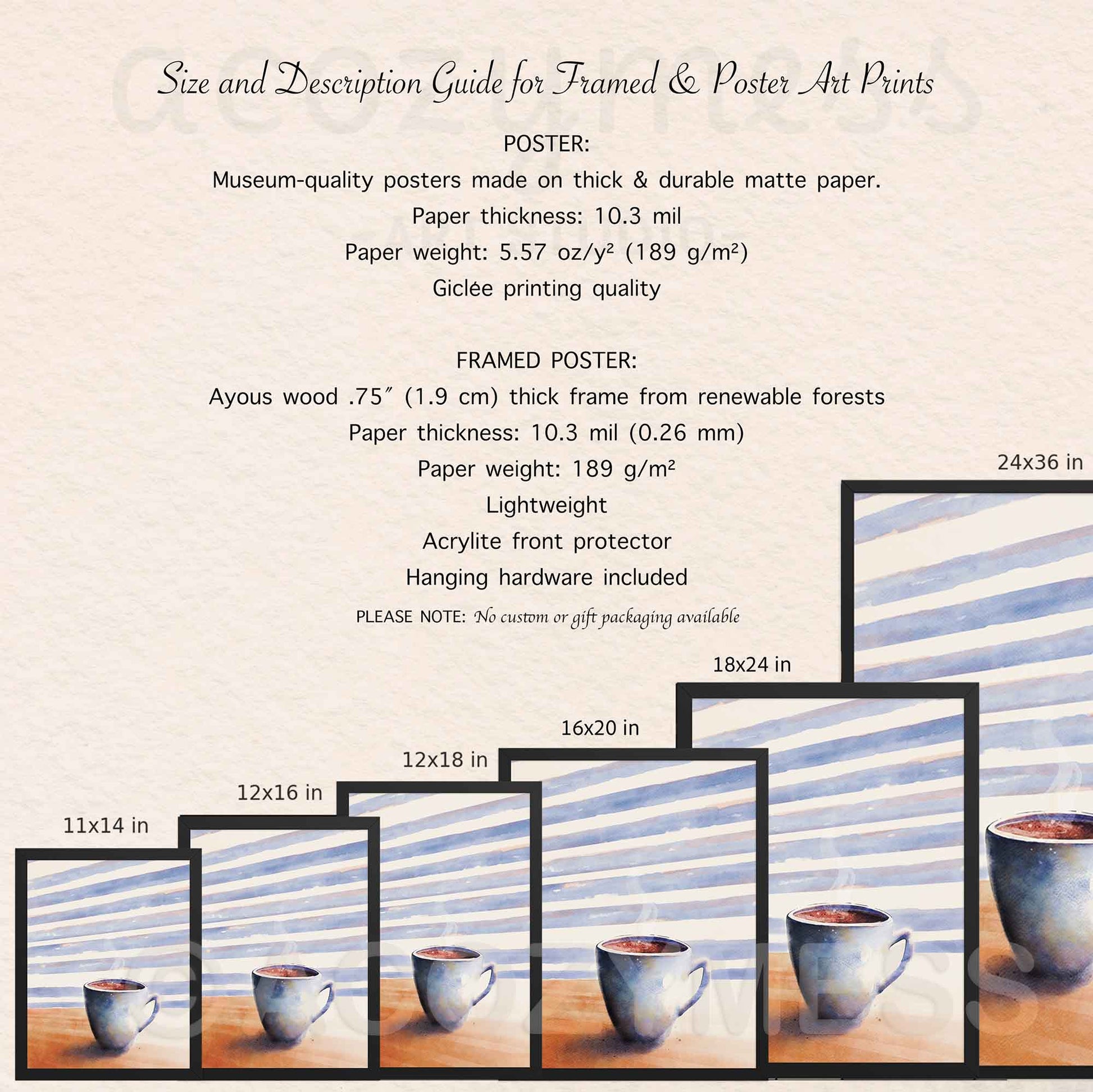 Size and description guide for framed and poster art prints with a coffee cup image.