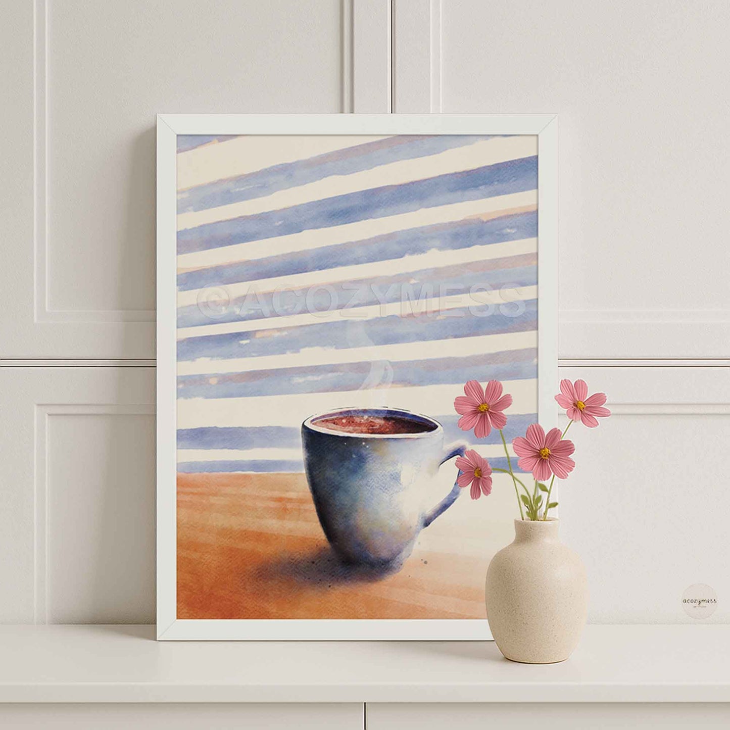 White framed coffee cup wall art with a modern coffee illustration, styled as clean and minimalist decor for kitchen, café, or home office spaces.