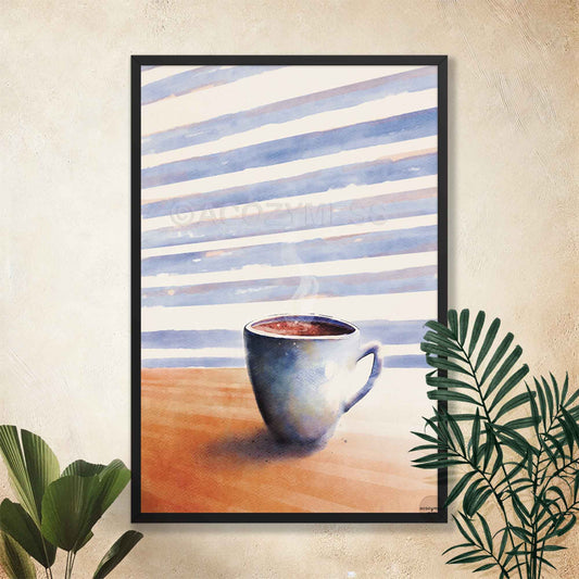 black framed coffee cup wall art with a modern coffee illustration, styled as clean and minimalist decor for kitchen, café, or home office spaces.