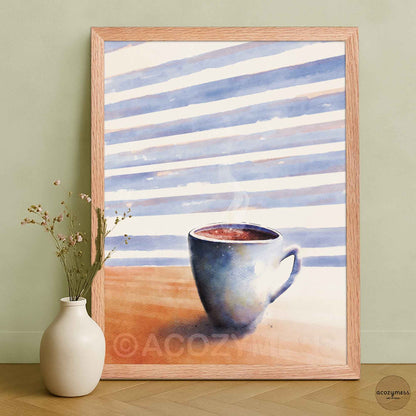 Oakwood framed coffee cup art poster featuring a modern café-style illustration, designed as warm and inviting wall decor for kitchens or home offices.
