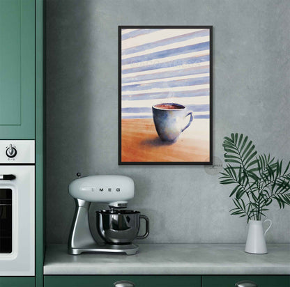 Black framed coffee cup art poster showcasing a contemporary coffee illustration, presented as stylish wall decor for modern kitchens or workspaces.
