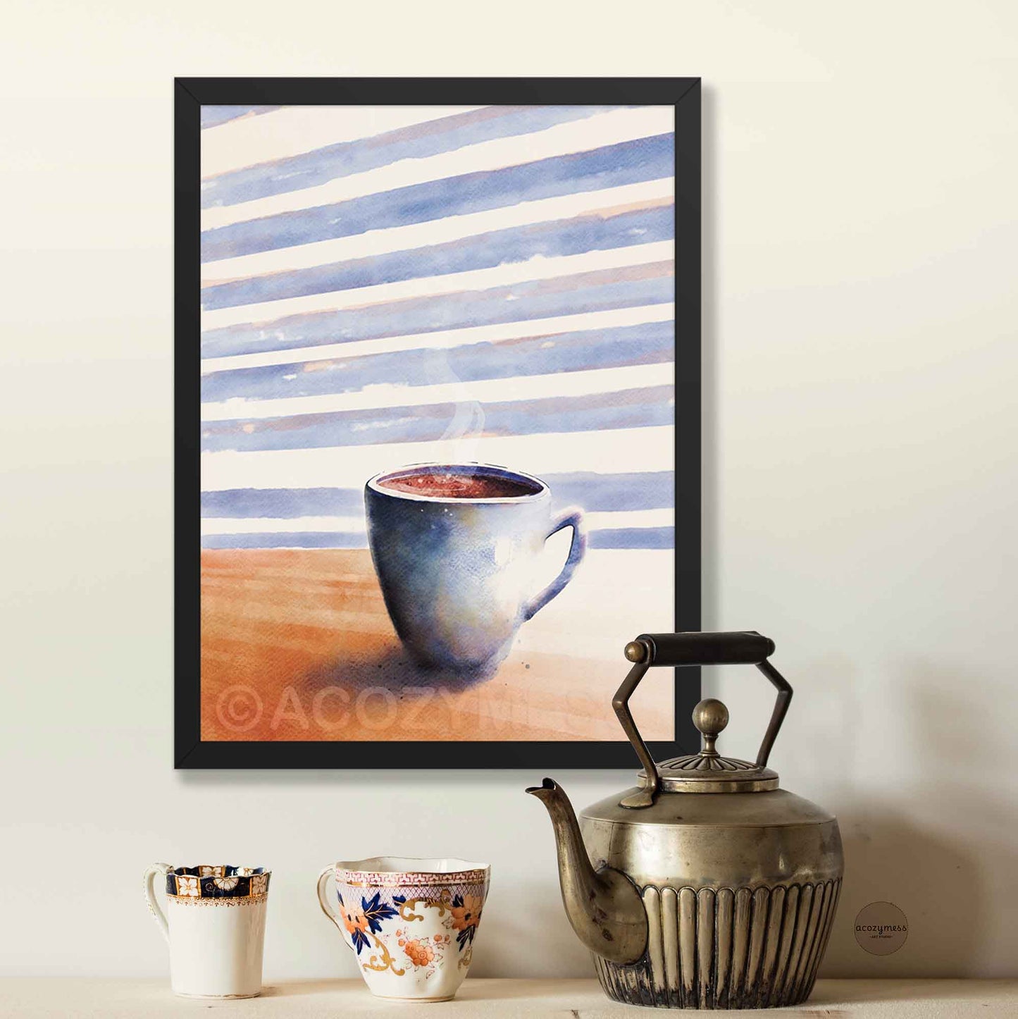 Black framed coffee cup art poster for cozy corner decor