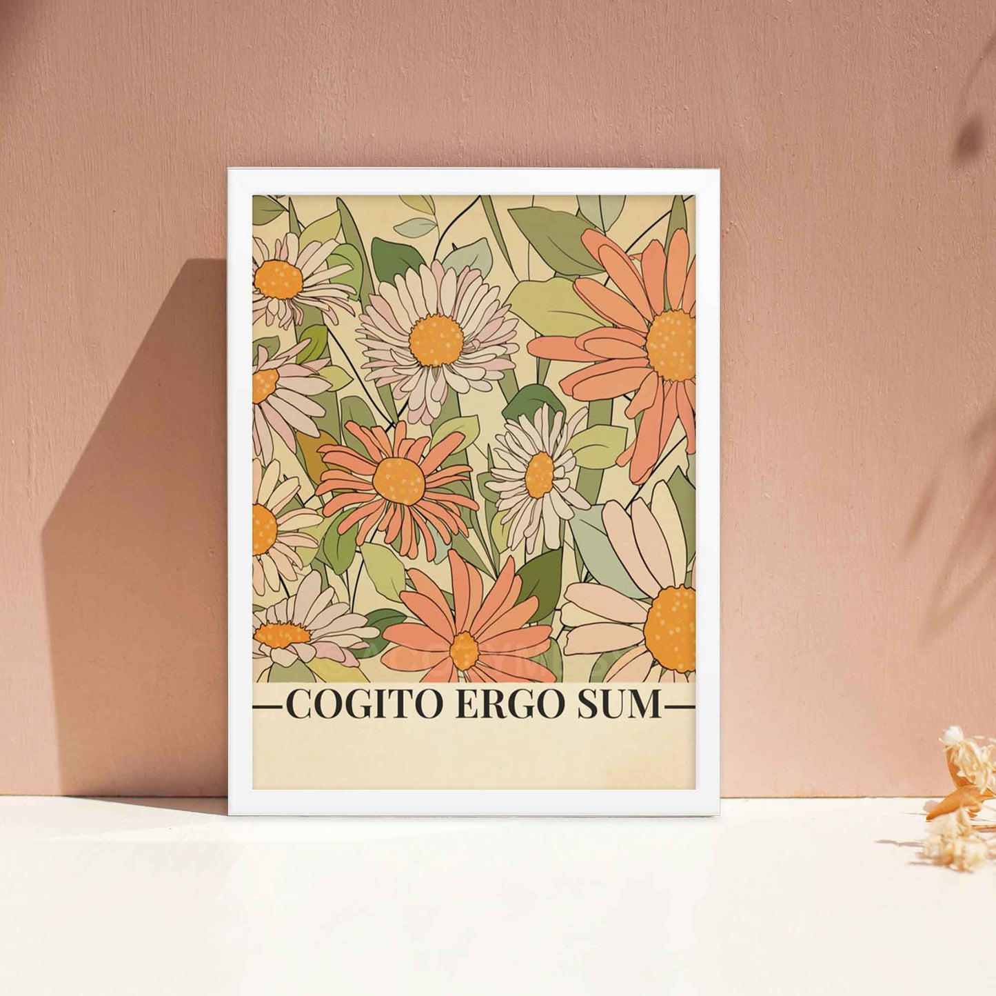 Illustrated floral poster featuring the Latin phrase 'Cogito, ergo sum' (I think, therefore I am) by René Descartes, displayed white frame.