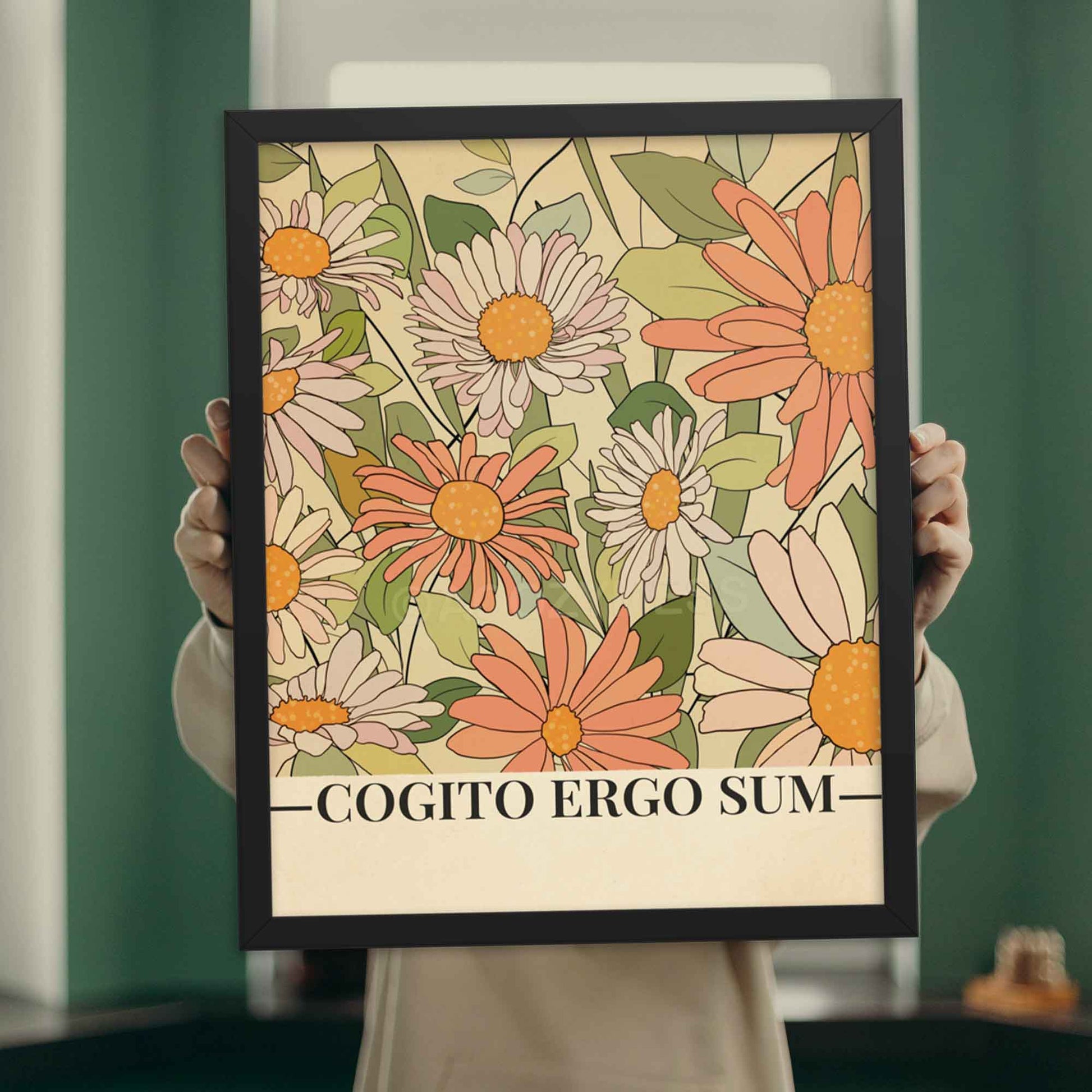 Illustrated floral poster featuring the Latin phrase 'Cogito, ergo sum' (I think, therefore I am) by René Descartes, displayed in black frame.