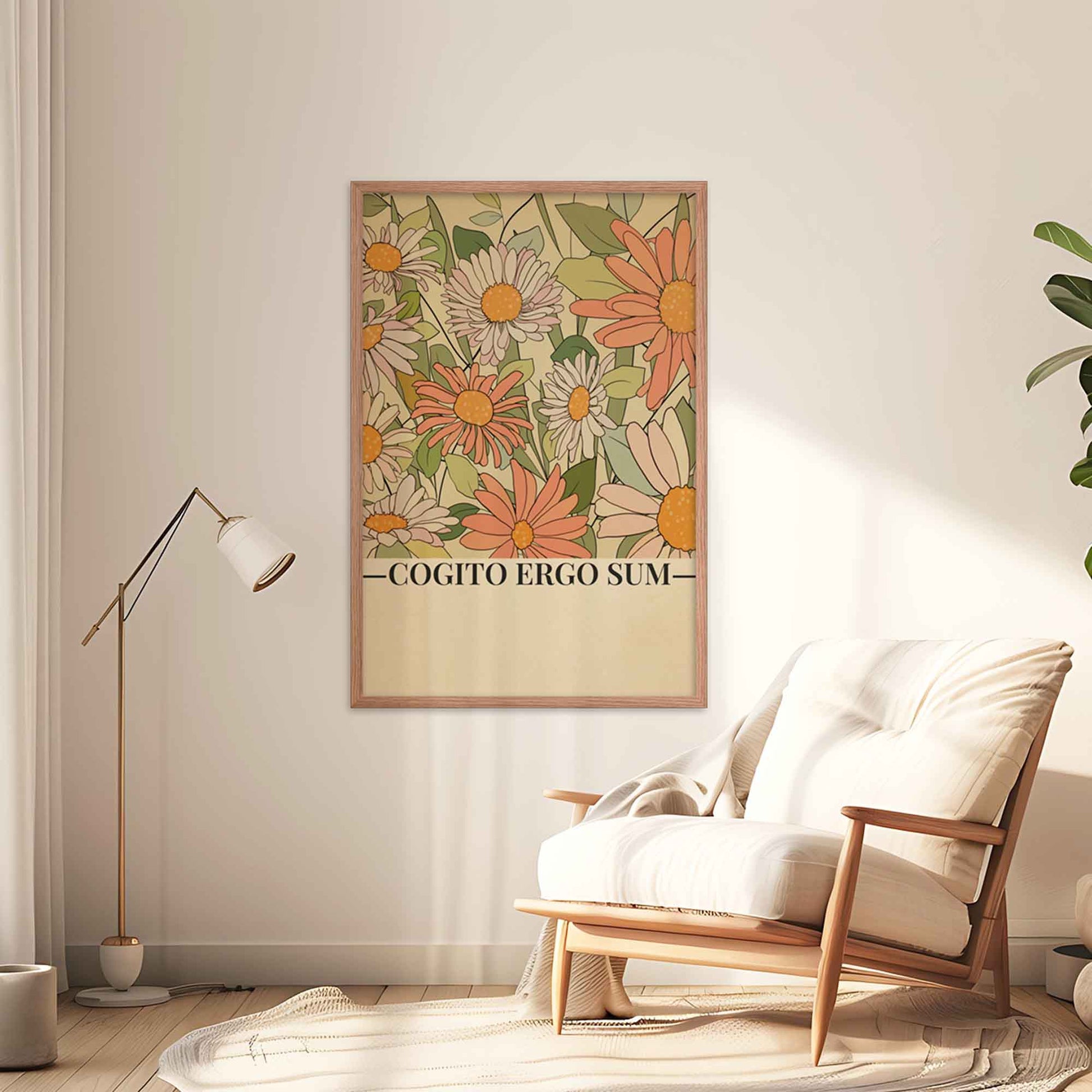 Illustrated floral poster featuring the Latin phrase 'Cogito, ergo sum' (I think, therefore I am) by René Descartes, displayed in oakwood.