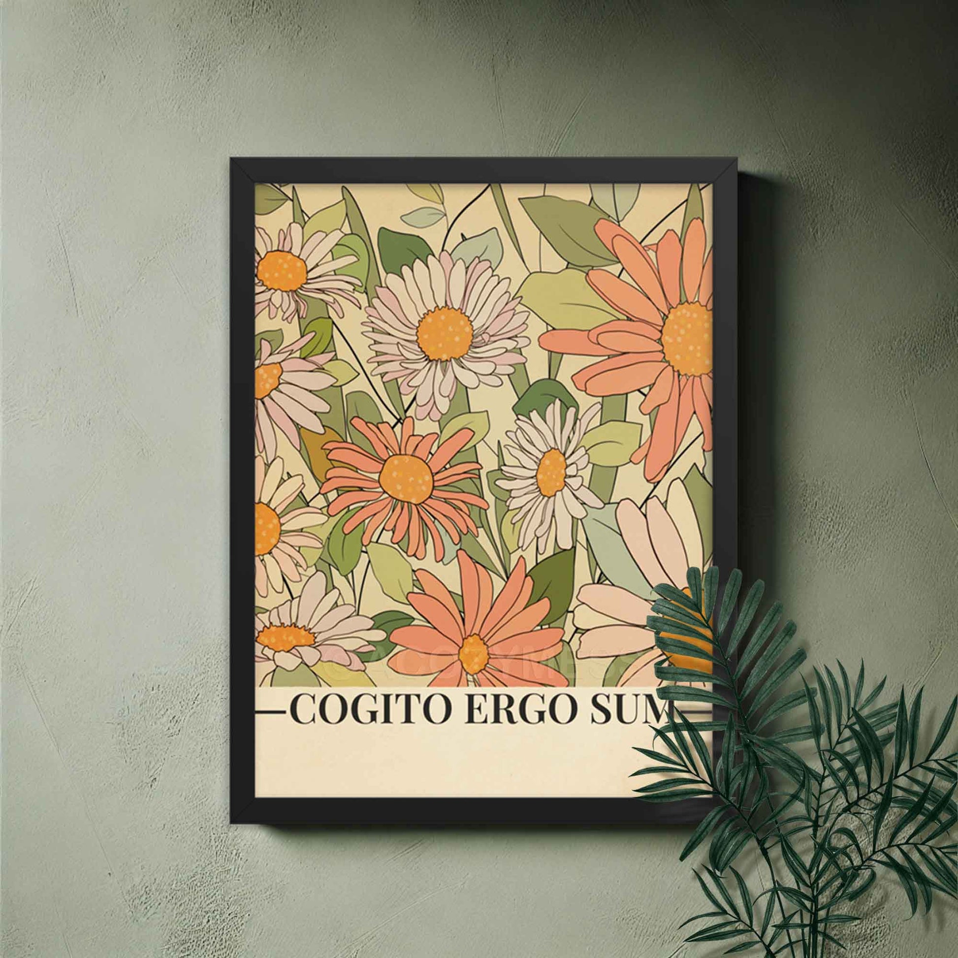 Illustrated floral poster featuring the Latin phrase 'Cogito, ergo sum' (I think, therefore I am) by René Descartes, displayed in black frame.