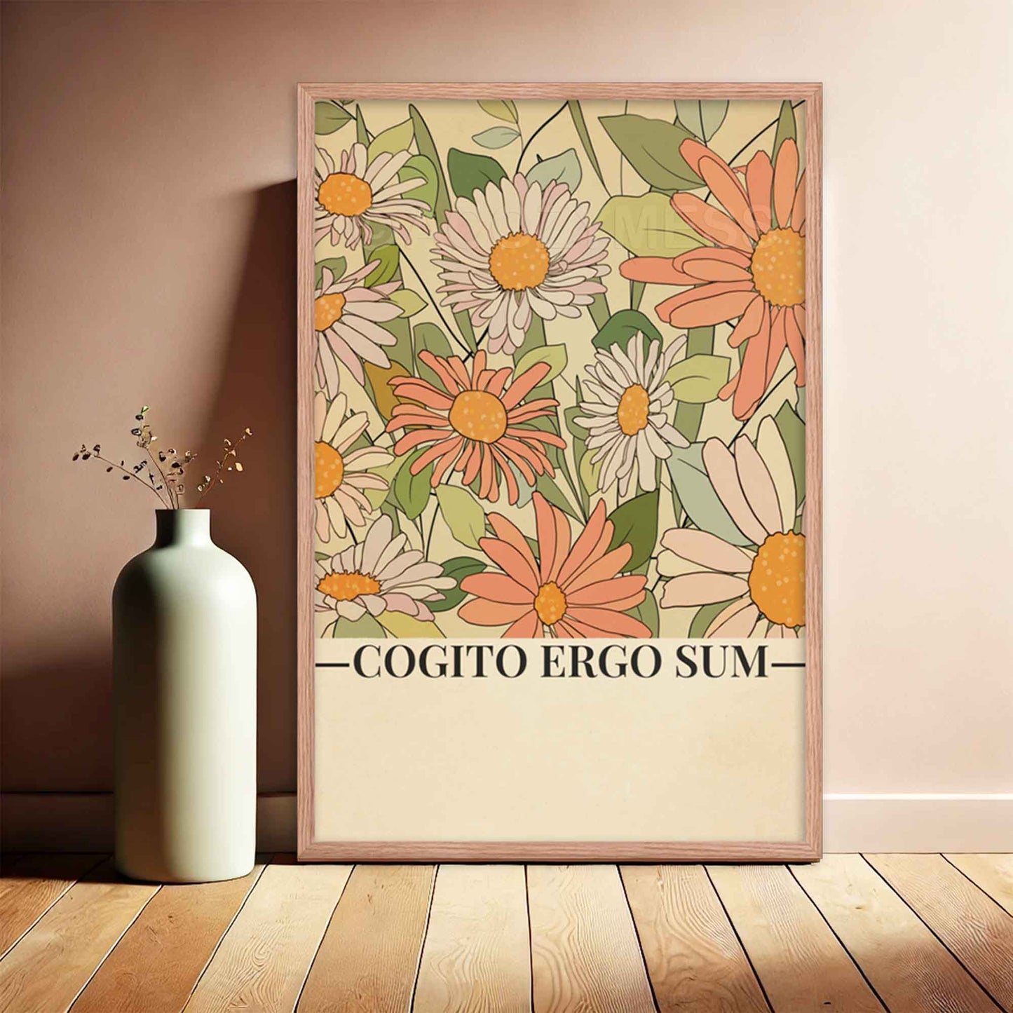 Illustrated floral poster featuring the Latin phrase 'Cogito, ergo sum' (I think, therefore I am) by René Descartes, displayed in oakwood frame