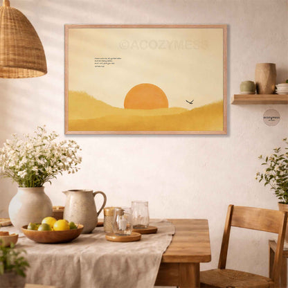 Oak framed Matthew 11:28 sun landscape art print above a rustic dining table with white flowers, a fruit bowl and a rattan pendant lamp