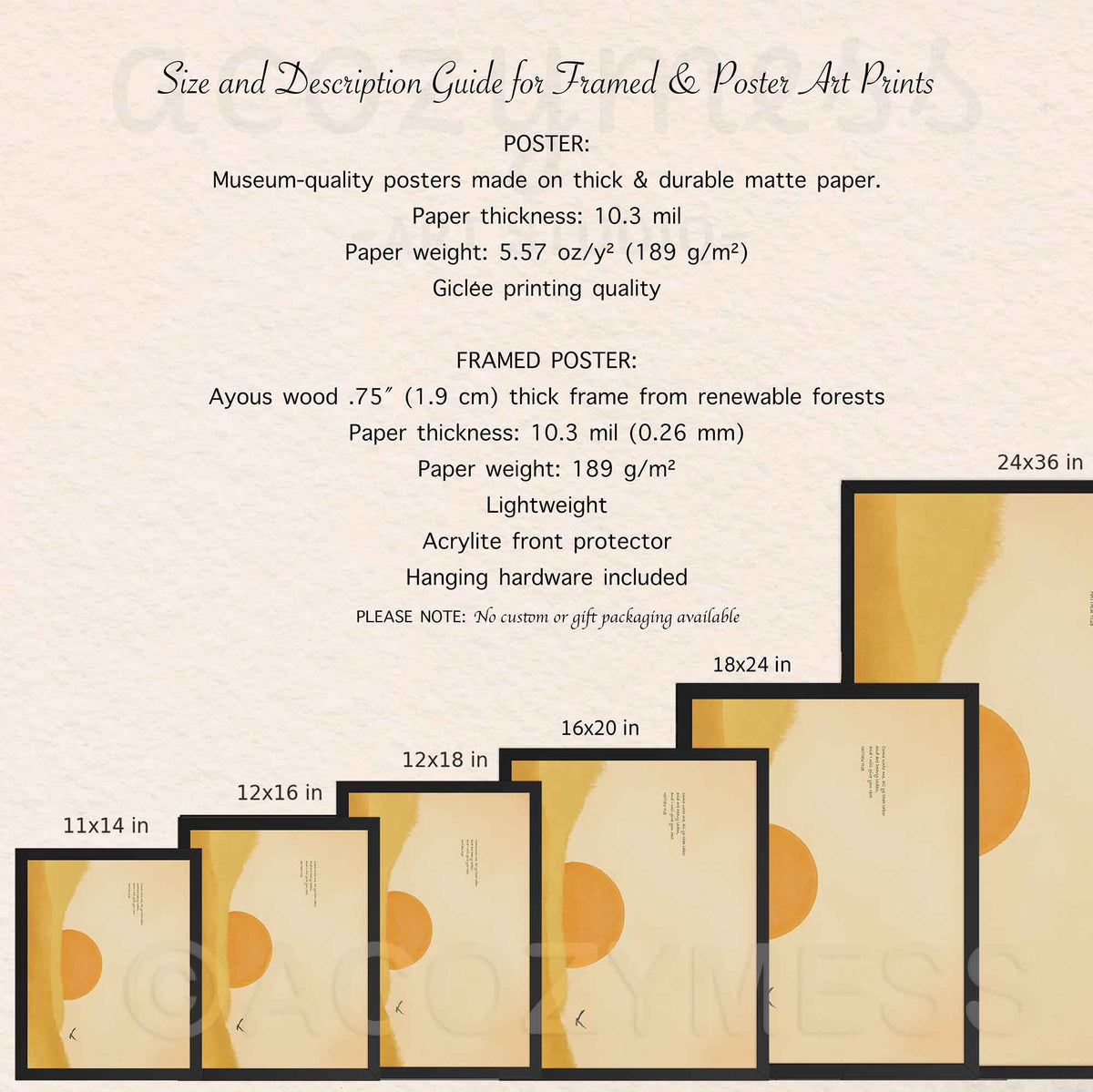 Size guide for the Come Unto Me Bible verse poster and framed print from 11x14 to 24x36 with paper and frame details