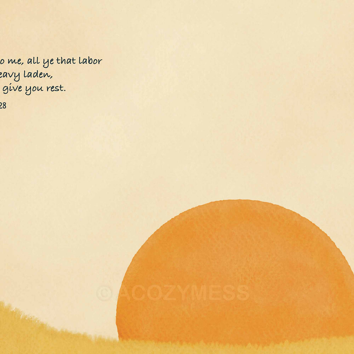 Close-up of the handwritten Matthew 11:28 verse and the glowing orange watercolor sun