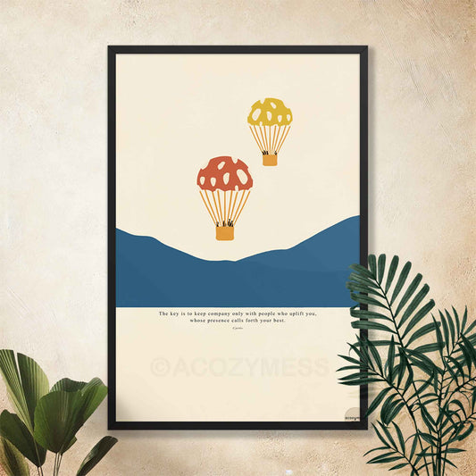 Epictetus uplifting company quote poster with hot air balloons illustration shown in a sleek black frame for a bold, modern look.