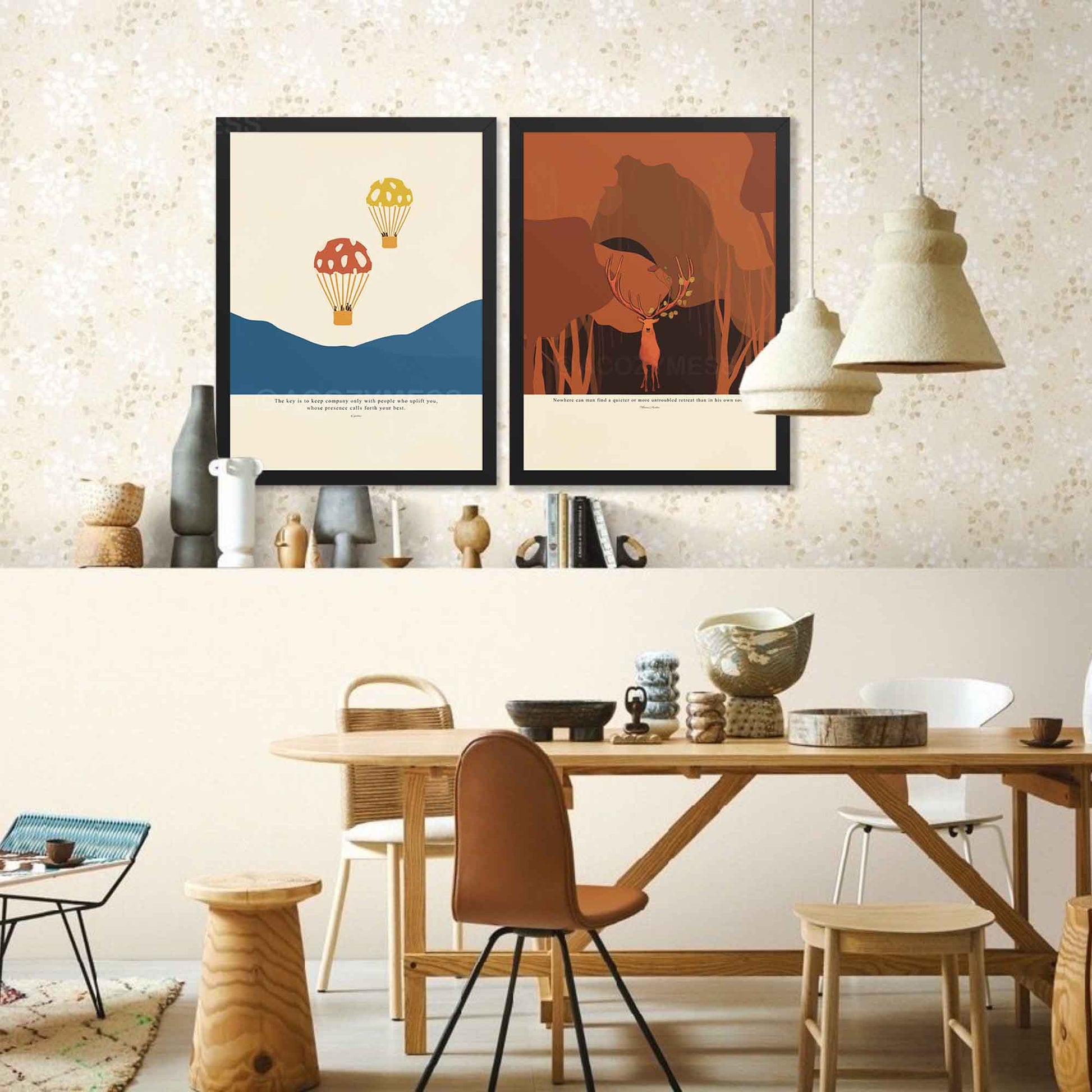 Epictetus quote poster featuring hot air balloons illustration, displayed in a sleek black frame for a refined and contemporary touch.