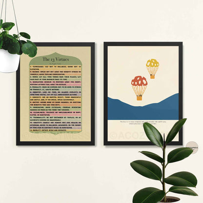 Epictetus quote poster with hot air balloons illustration shown in a sleek black frame for a bold, modern look.
