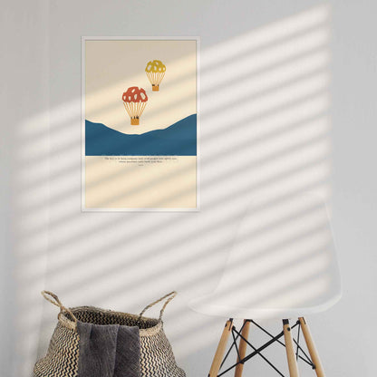 Epictetus Stoic quote poster with hot air balloons illustration displayed in a clean white frame, light and minimalist aesthetic.