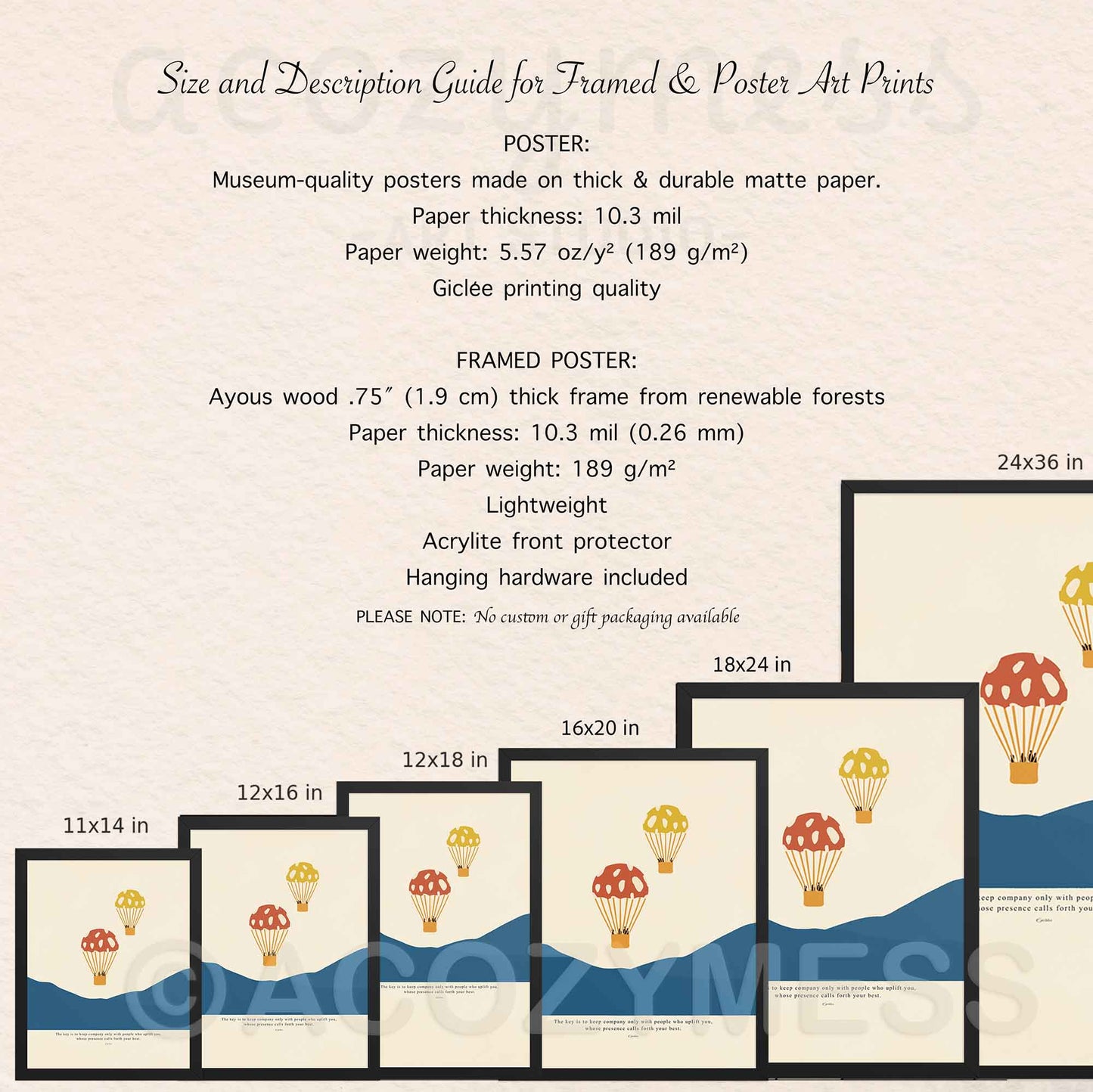 Size and description guide for framed and poster art prints with illustrations of hot air balloons.