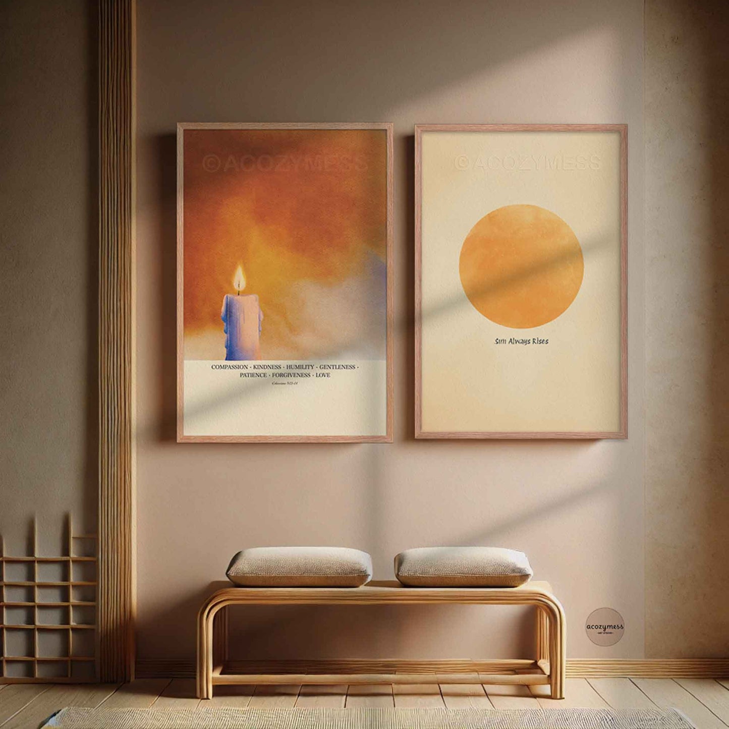 Compassion Kindness Humility Love Wall Art – Colossians 3:12–14 Christian Scripture Print with Warm Candle Art