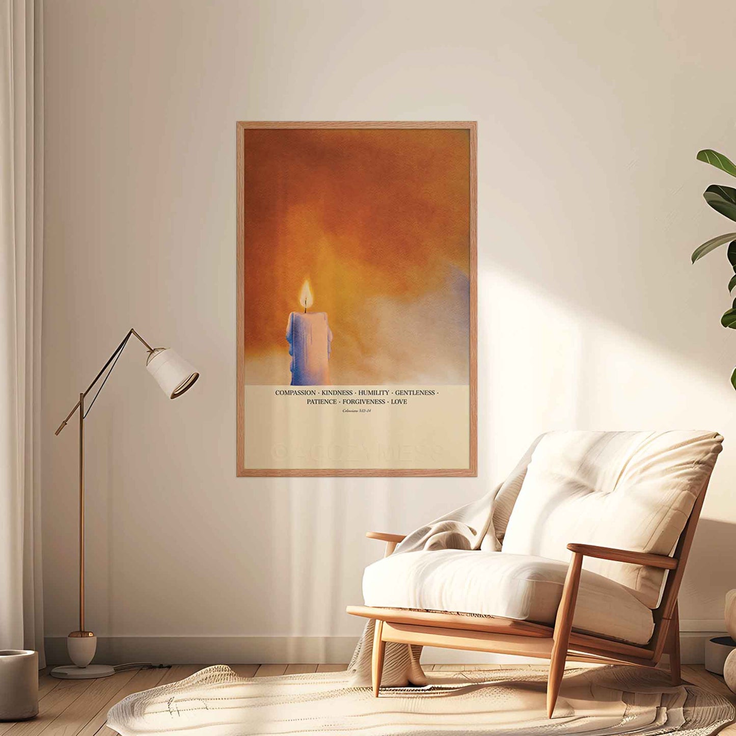 Compassion Kindness Humility Love Wall Art – Colossians 3:12–14 Christian Scripture Print with Warm Candle Art