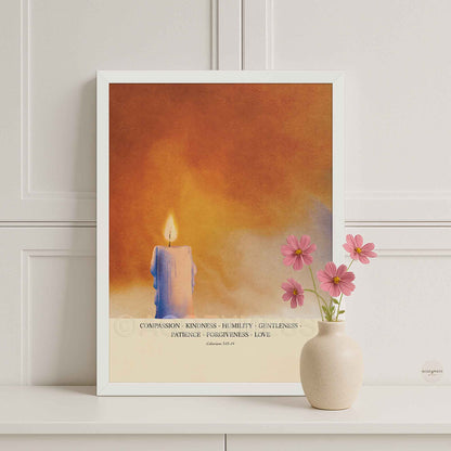 Compassion Kindness Humility Love Wall Art – Colossians 3:12–14 Christian Scripture Print with Warm Candle Art