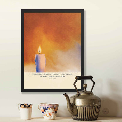 Compassion Kindness Humility Love Wall Art – Colossians 3:12–14 Christian Scripture Print with Warm Candle Art