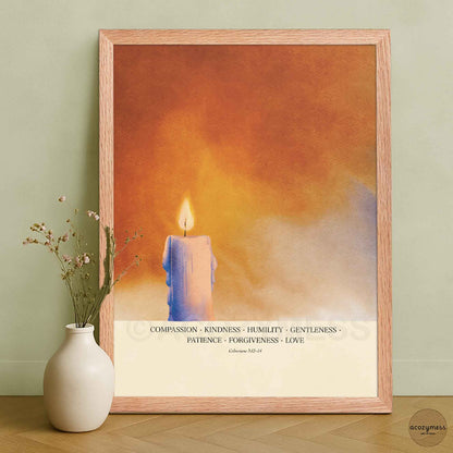 Compassion Kindness Humility Love Wall Art – Colossians 3:12–14 Christian Scripture Print with Warm Candle Art