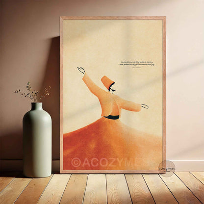 Rumi whirling dervish quote art poster in a light oak frame leaning against a warm beige wall beside a sage green vase