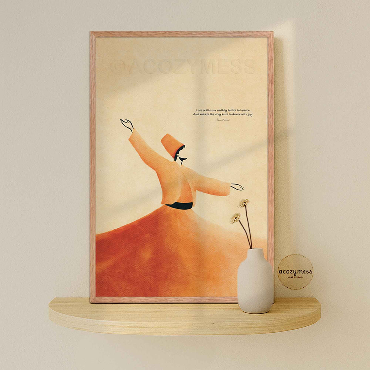 Natural wood framed whirling dervish Rumi poster on a floating shelf with a white vase