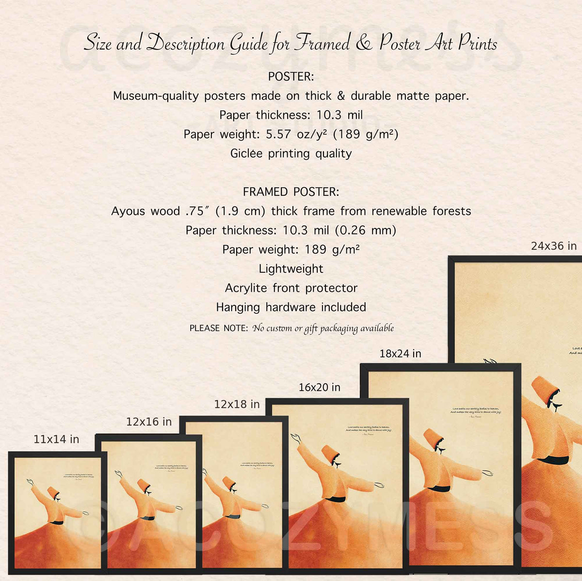 Size guide for Rumi whirling dervish poster and framed art print from 11x14 to 24x36 with paper and frame details