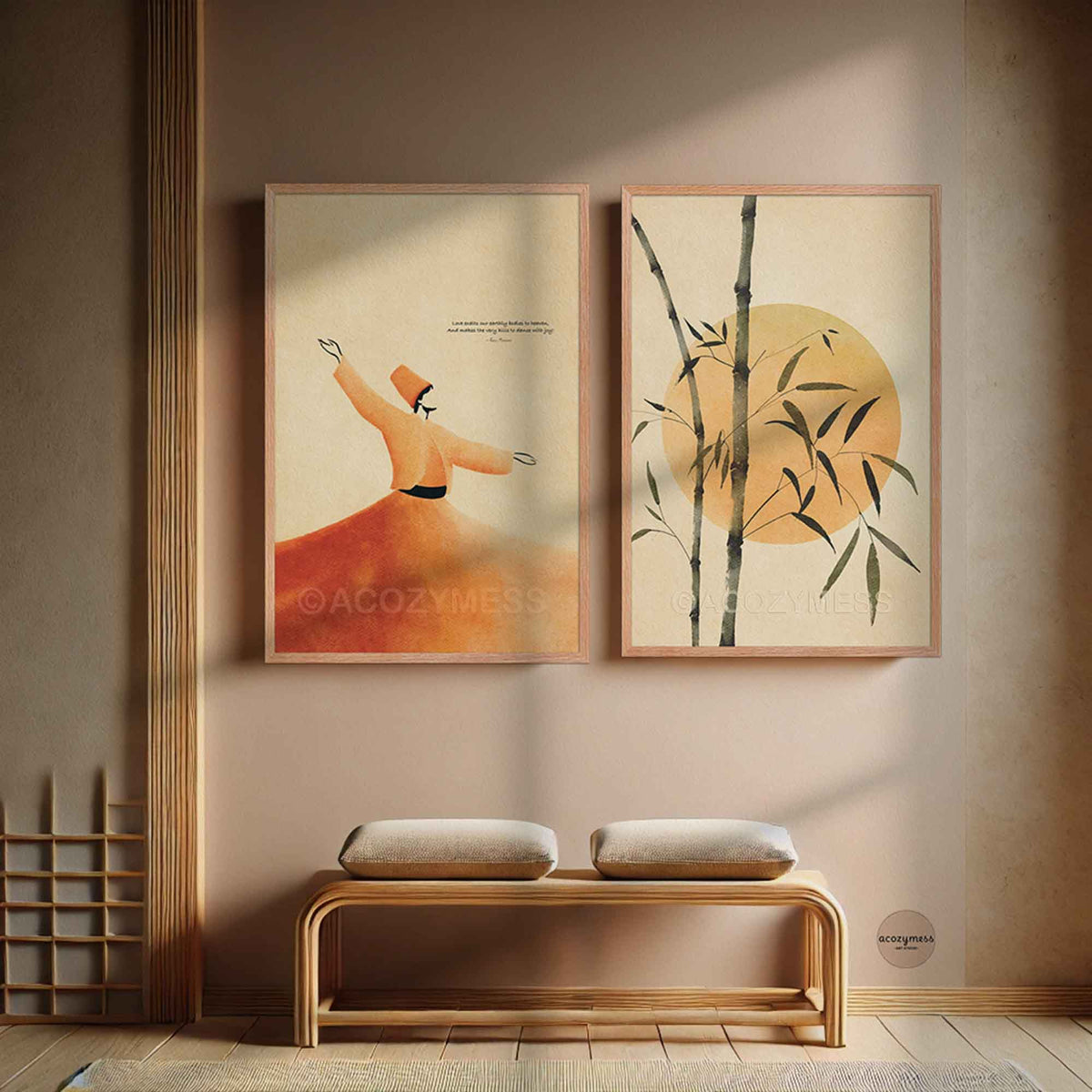 Oak framed whirling dervish Rumi poster paired with a bamboo and sun art print above a wooden bench in a calm entryway