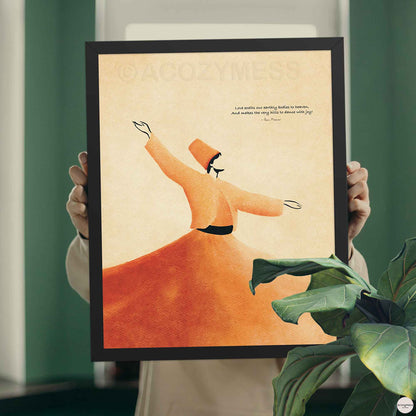 Hands holding a black framed Rumi love quote poster with orange whirling dervish art against a green wall