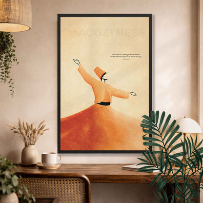 Black framed Rumi quote dervish wall art above a rustic desk with dried flowers and plants