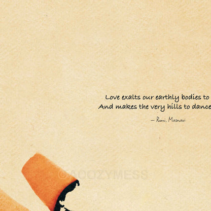 Close-up of Rumi quote Love exalts our earthly bodies to heaven above the dervish's terracotta hat