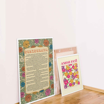 Desiderata poem Print with floral design in soothing colors of sage green, beige, orange and yellow displayed  in white frame