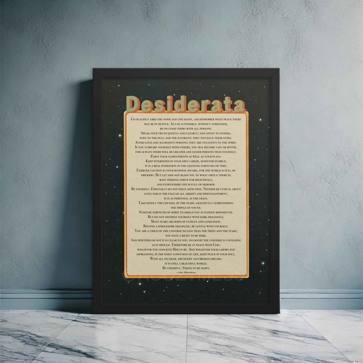 Desiderata poem print in beige, black, green and orange colors, in black frame.